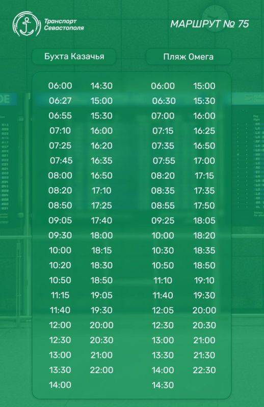 Напоминаем, что с 1 февраля запускается новый маршрут №75 «Бухта Казачья – пляж Омега» с заездом на улицу Братьев Манганари Напоминаем, что с 1 февраля запускается новый маршрут №75 «Бухта Казачья – пляж Омега» с заездом на улицу Братьев Манганари
