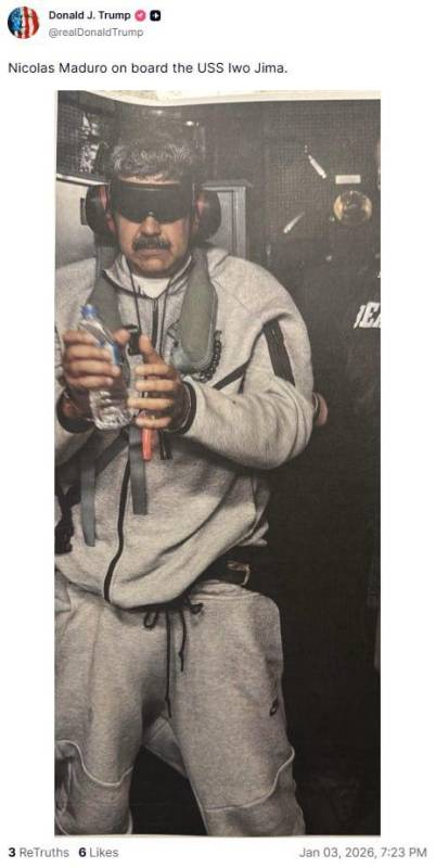 Трамп опубликовал фото захваченного Мадуро на корабле ВМС США