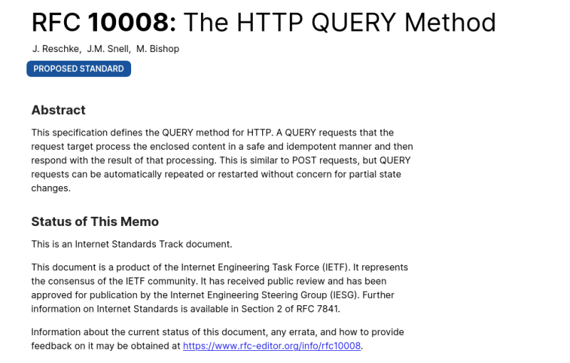Инженерный комитет IETF выдал HTTP-методу QUERY статус &laquo;Предложенного стандарта&raquo; и опубликовал спецификацию RFC 10008