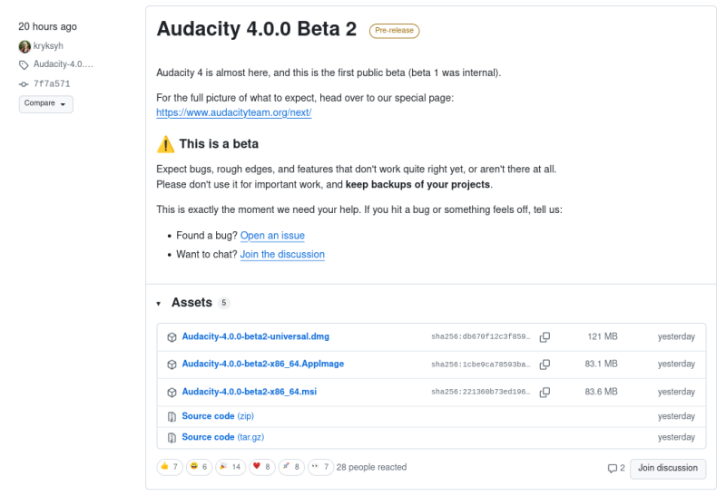 Выпуск открытого редактора звука Audacity 3.7.8