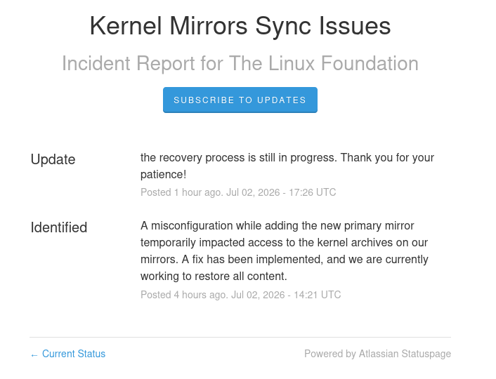 Из-за досадной ошибки на ресурсе kernel.org удалили со всех зеркал архивы с кодом ядра Linux