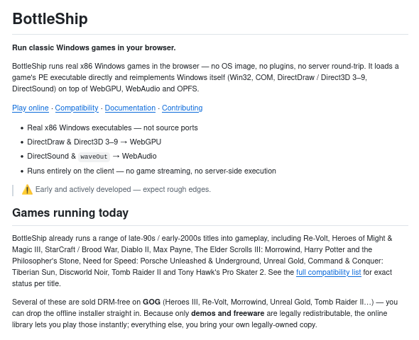 Представлен открытый проект BottleShip для запуска тяжёлых Windows-игр в браузере с высокоуровневой эмуляцией