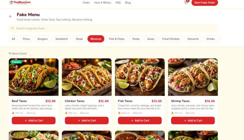 Проект FoodNeverComes позволяет выбрать еду, сделать заказ и ждать курьера, но только виртуально
