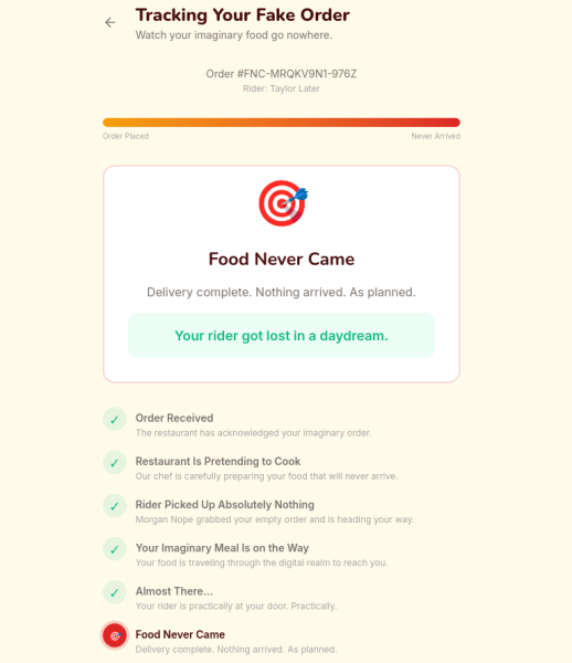 Проект FoodNeverComes позволяет выбрать еду, сделать заказ и ждать курьера, но только виртуально