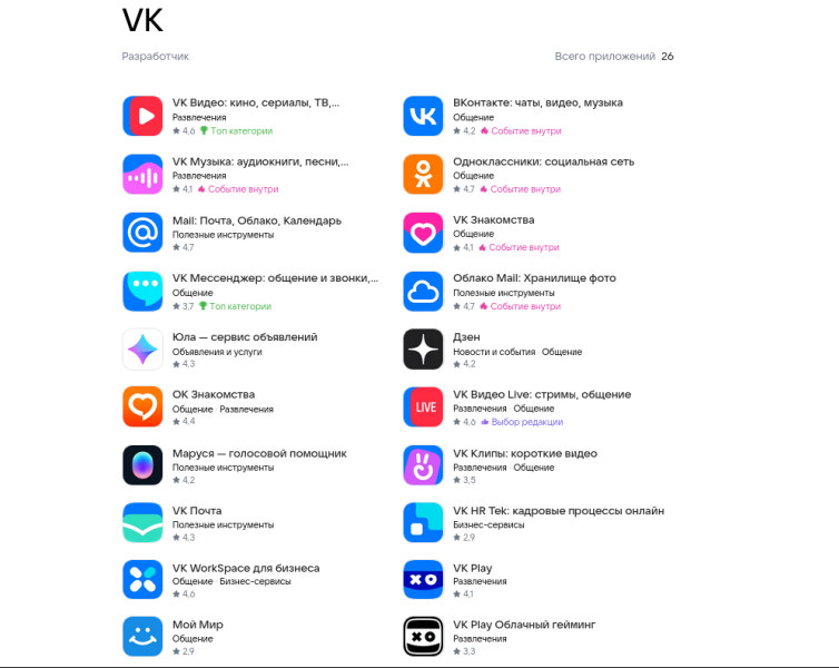 VK: сервисы VK и МАХ работают в нормальном режиме, установка и апдейт приложений доступны в RuStore и других маркетах