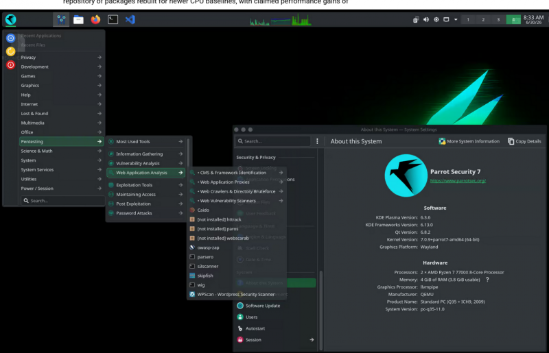 Выпуск дистрибутива Parrot OS 7.3 для этичного хакинга с ядром Linux 7.0