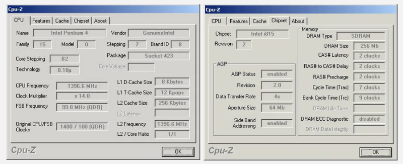 Так выглядела CPU-Z 1.07a в 2001 году.