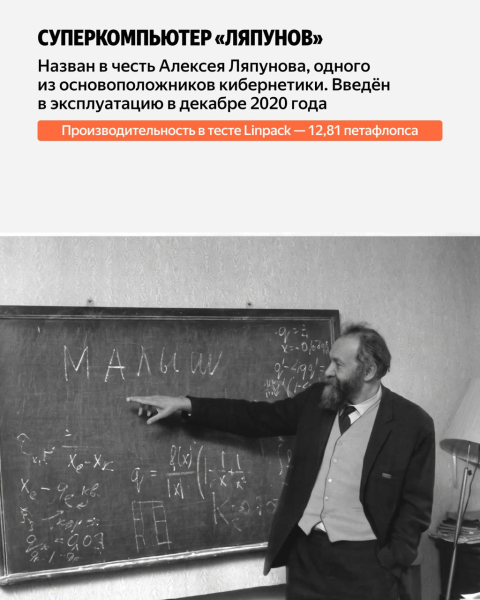 «Ляпунов» получил имя в честь Алексея Ляпунова — знаменитого математика, чьи работы лежат в основе компьютерных наук. Его характеристики: 137 вычислительных узлов, мощность 12,81 петафлопса, 17 536 ядер, 1 096 NVIDIA A100 40G, оперативная память 68,5 ТБ, энергопотребление 323 кВт.